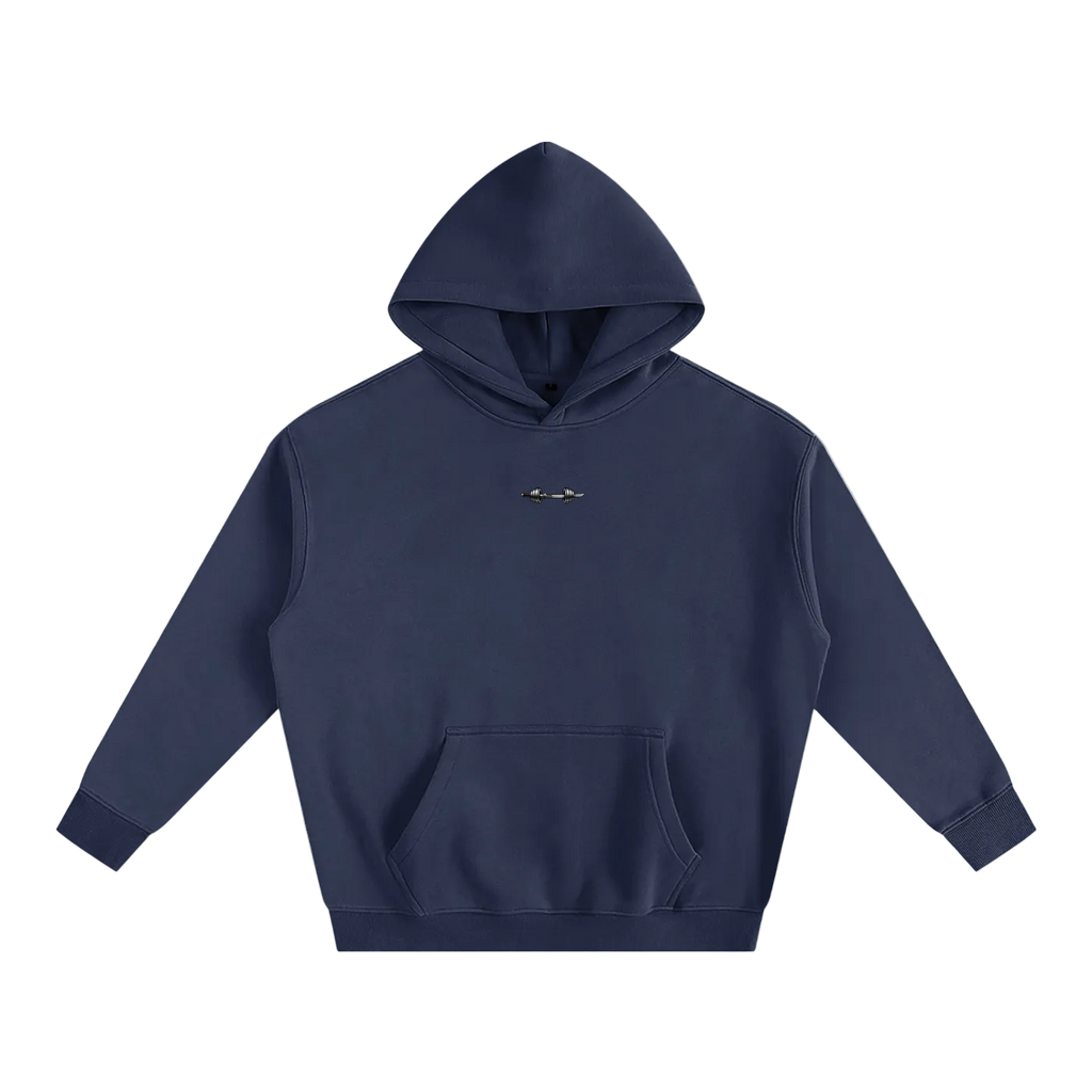 Navy blue hoodie with text on a white background