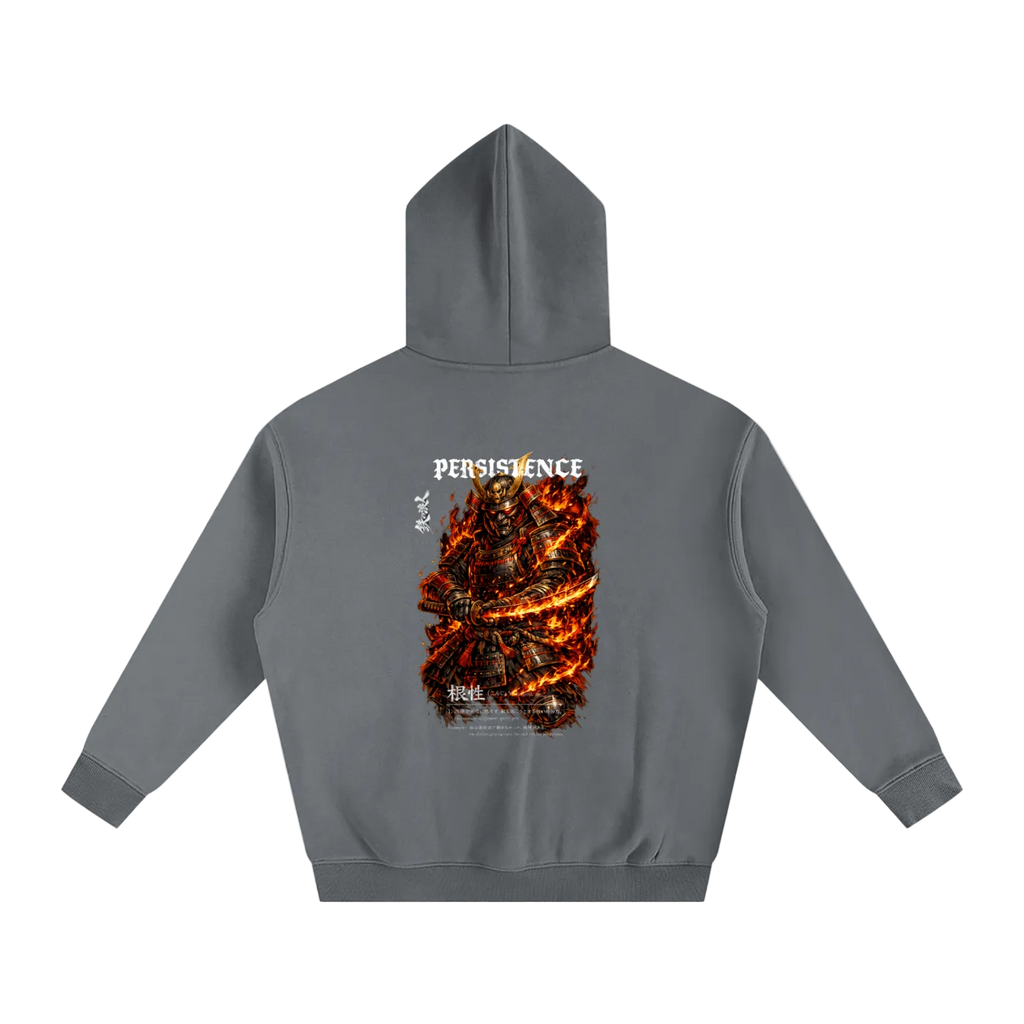 Gray hoodie with a graphic design on the back against a white background