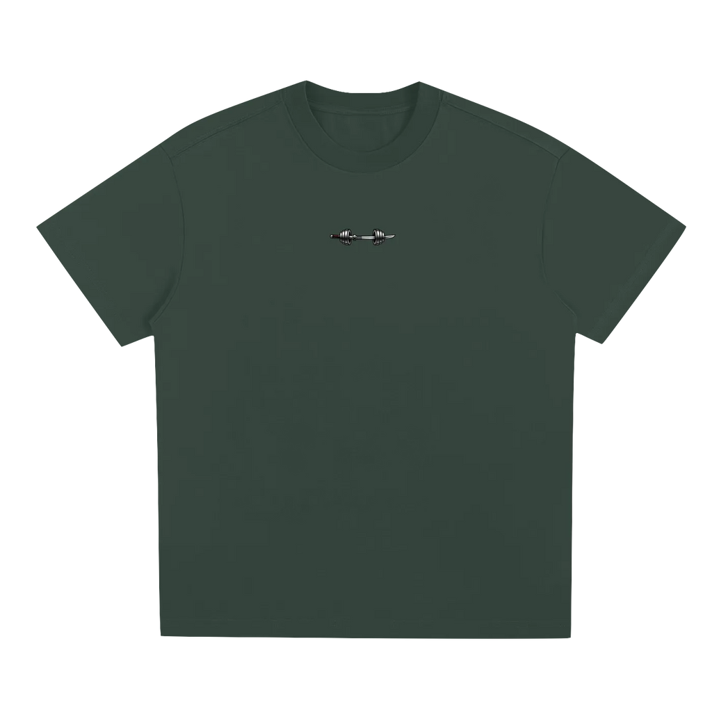 Green t-shirt with a small logo on a white background
