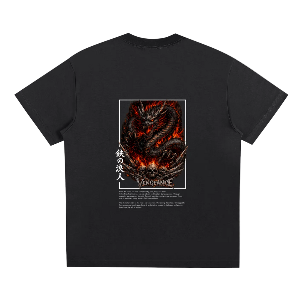 Black t-shirt with a dragon graphic and text on the back