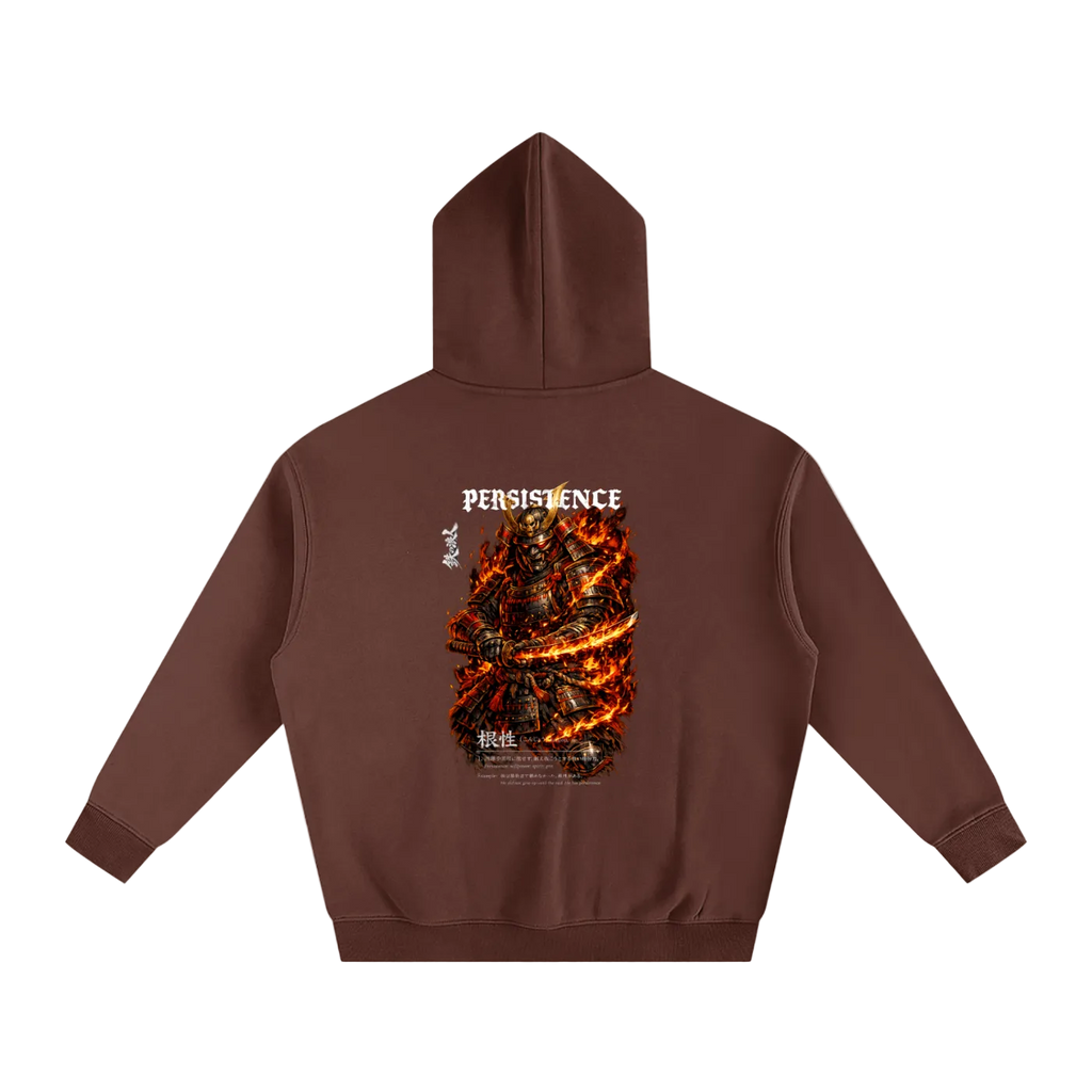 Brown hoodie with a graphic design on the back featuring flames and text.