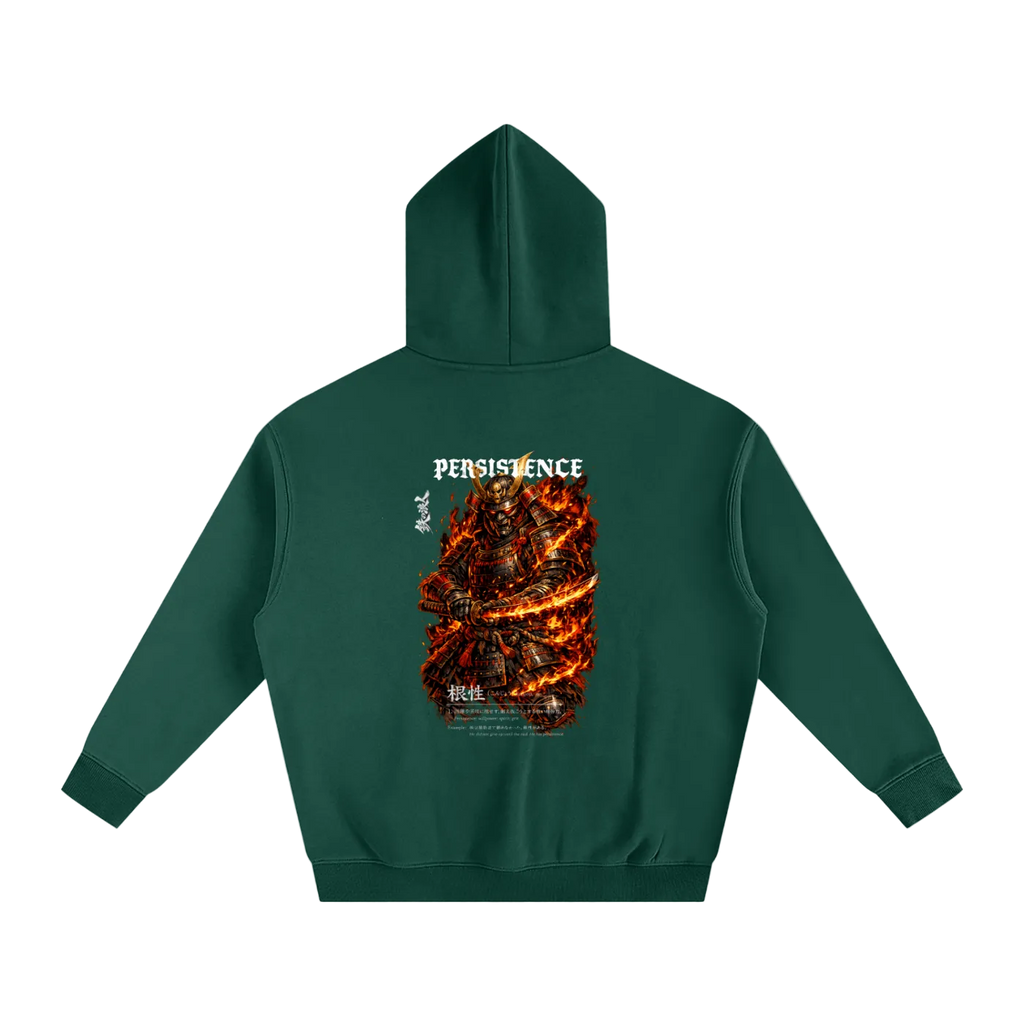 Green hoodie with a graphic design on the back on a white background