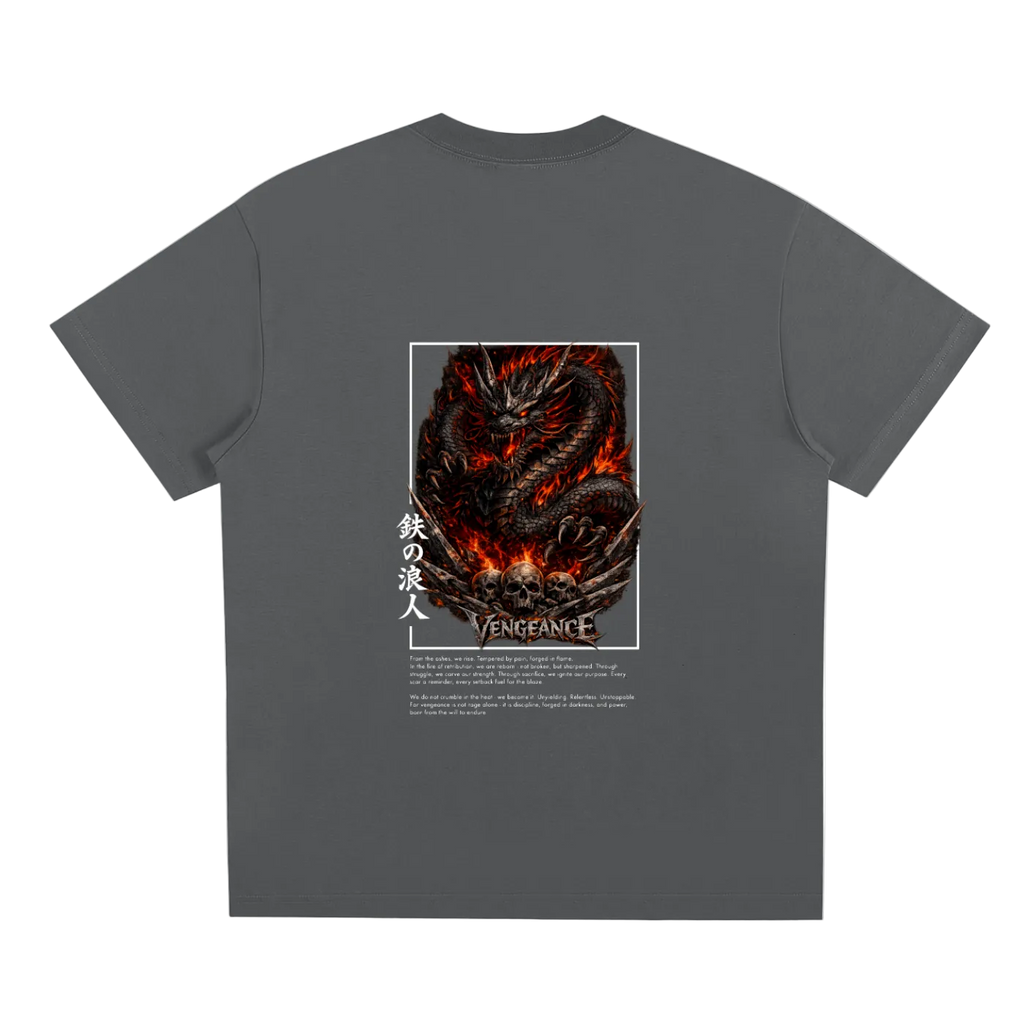 Gray t-shirt with a dragon graphic and text on the back