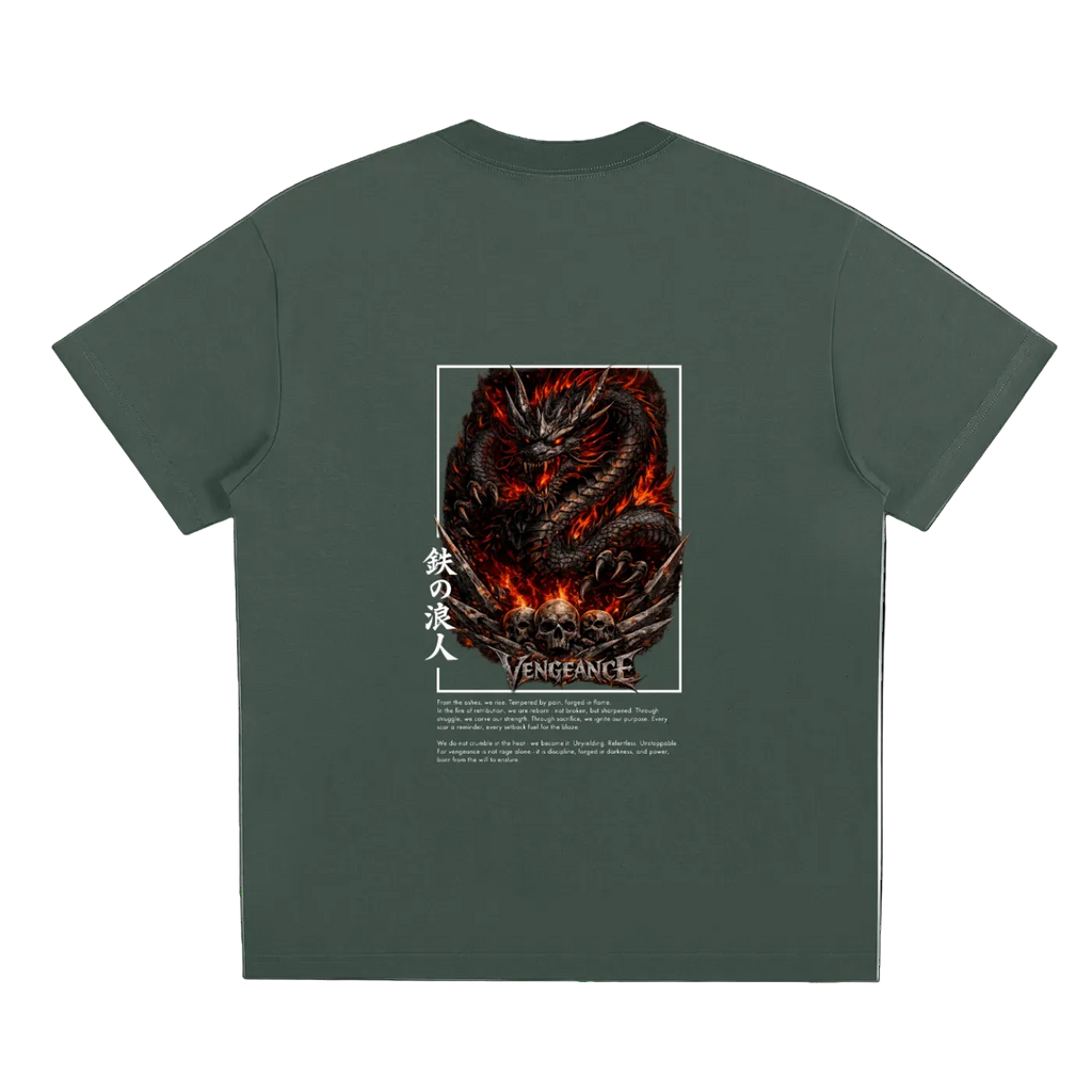 Green t-shirt with a dragon graphic and text on the back
