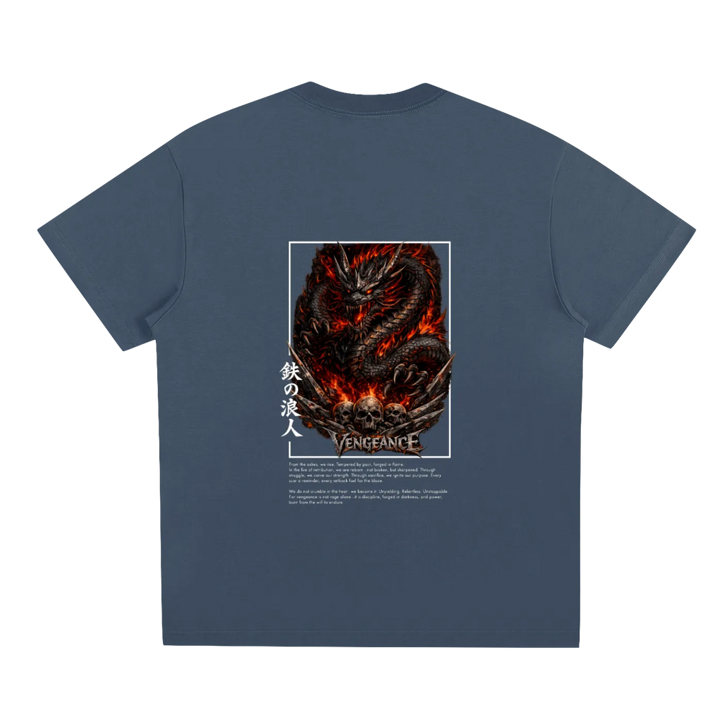 Blue t-shirt with a dragon graphic and text on the back against a white background