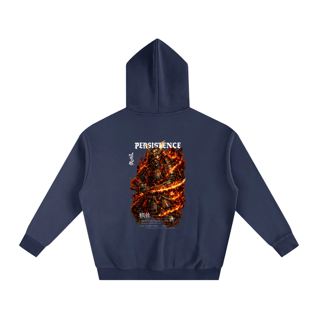 Navy blue hoodie with a graphic design on the back on a white background
