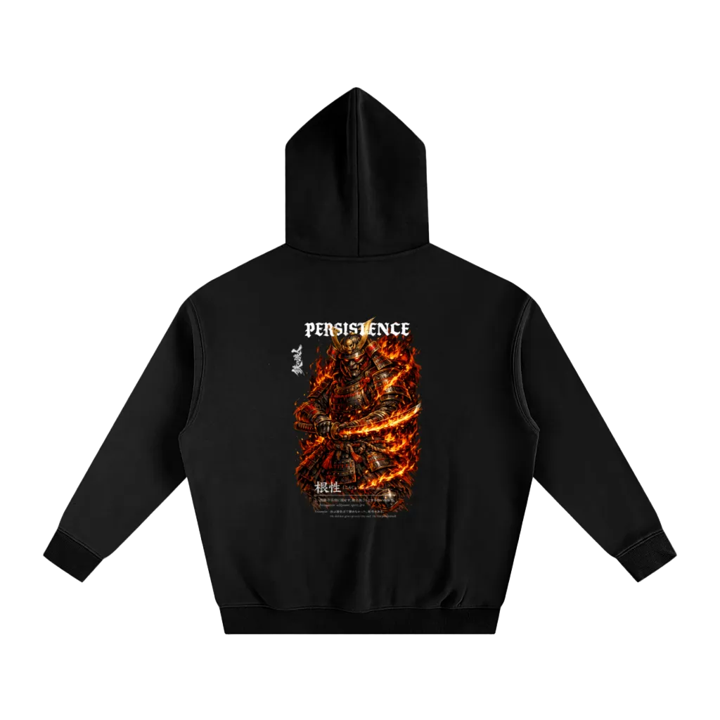Black hoodie with a graphic design and text on the back against a white background